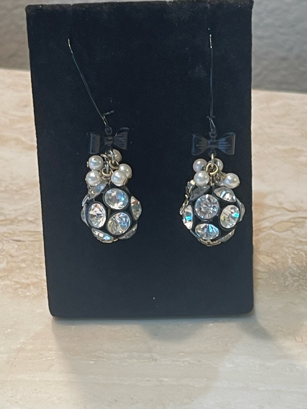 Betsey Johnson Vintage Style Rhinestone Orb & Pave Key Bow Drop Earrings